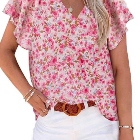 SHEWIN Tops - Women's Casual Boho Floral Print V Neck Short Sleeve Loose Blouse Shirt Top